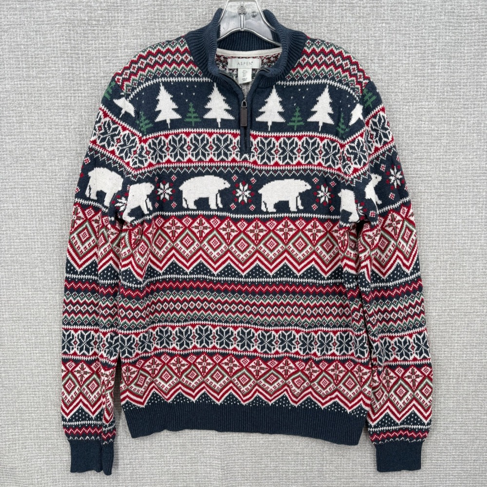 Aspen 1/4 Zip Pullover Sweater Men L Polar Bear Fair Isle Christmas Holiday